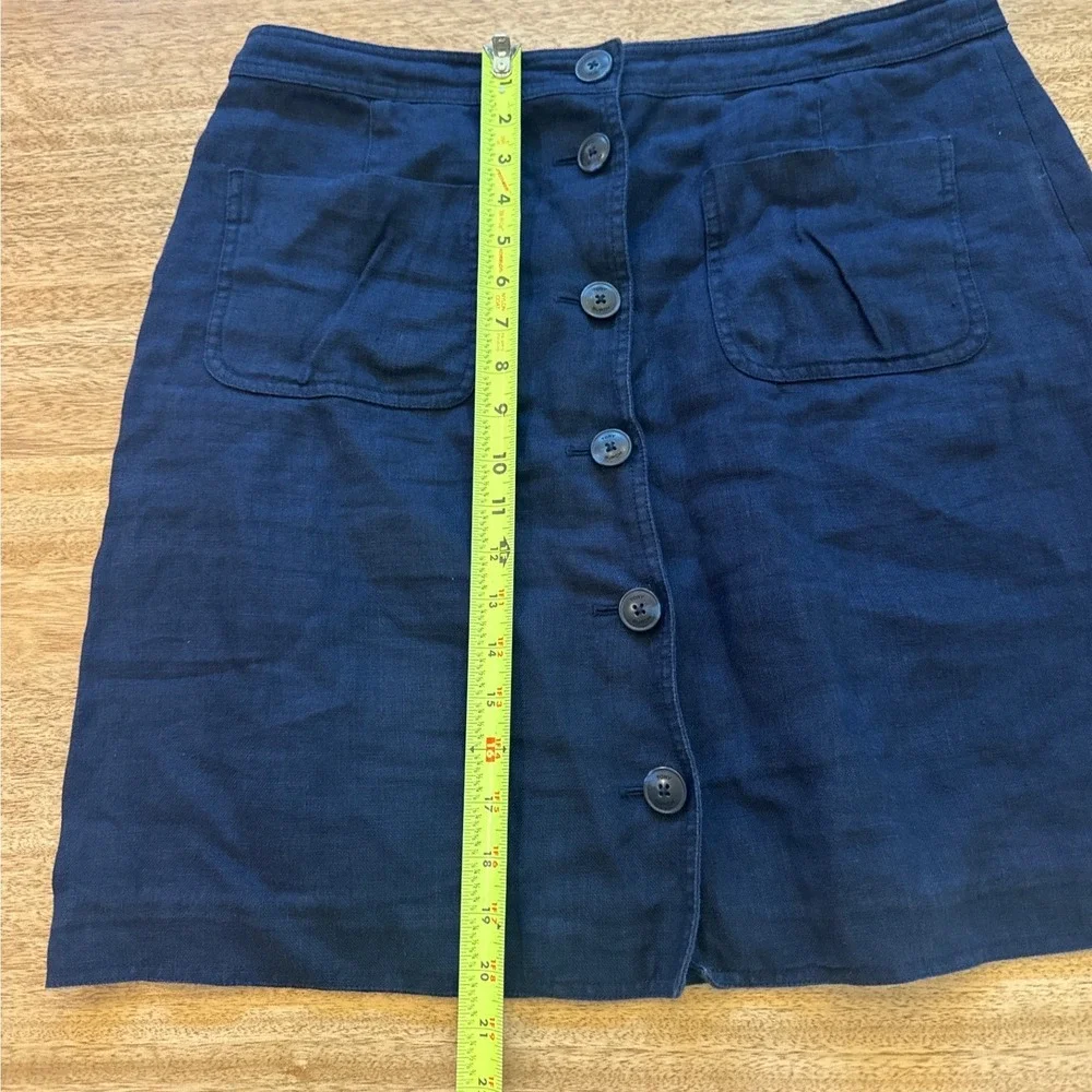 Tory Burch Navy Blue 100% Linen Button Front Skirt Size 14 Pocket A-Line